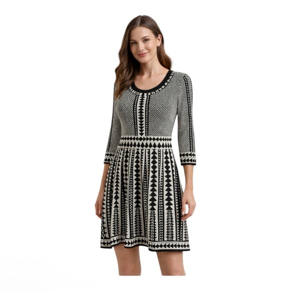 Nina Leonard Dresses & Skirts - Nina Leonard Black & White Geometric Fit-and-Flare Dress size XL